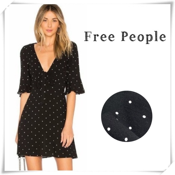 Free People Polka Dots Skater Mini Dress in Black with White Dots - Picture 1 of 8